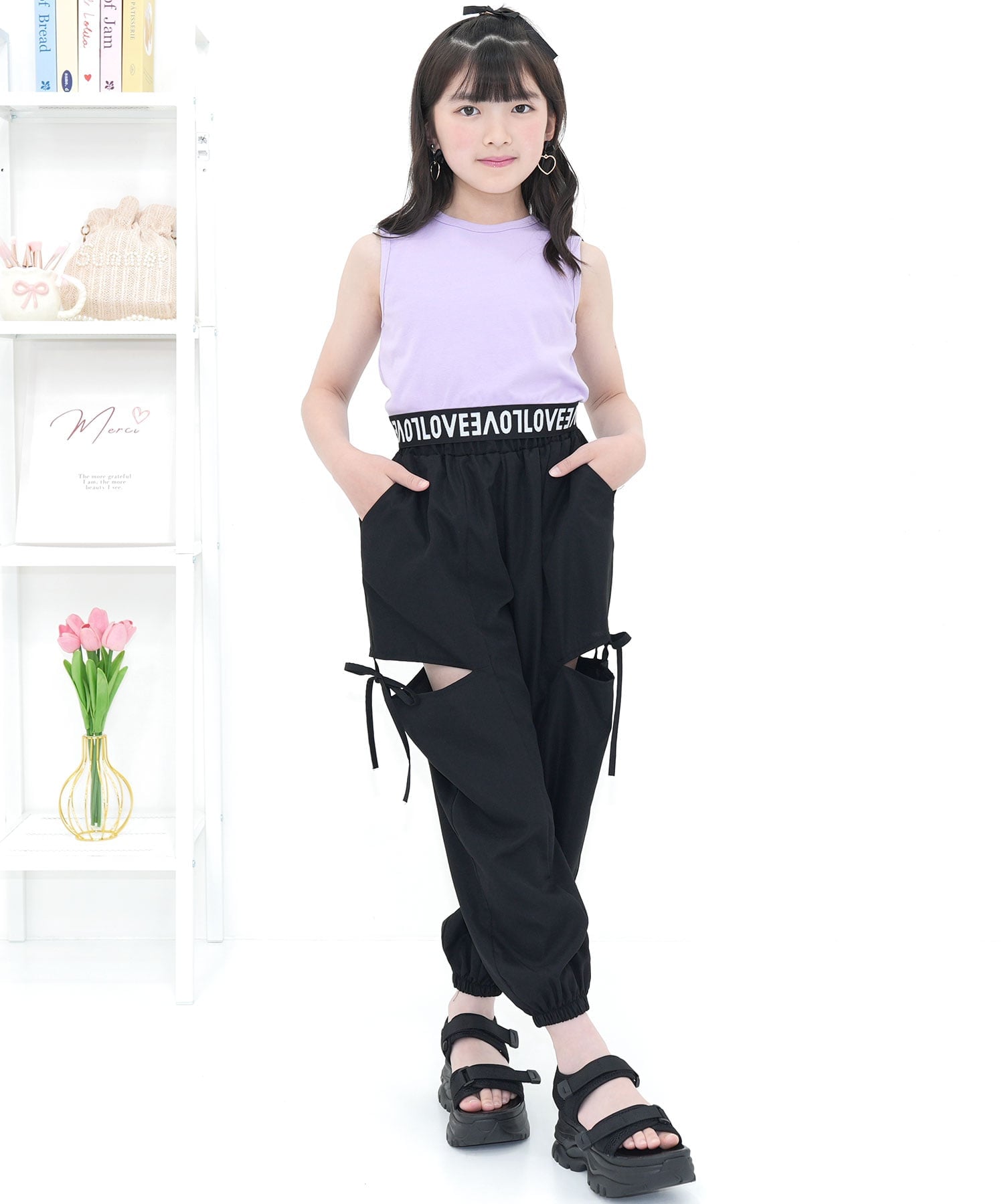 Брюки-карго Bee с лентой и карманами, детская одежда для девочек Bee, Black x Cutout — фото 2