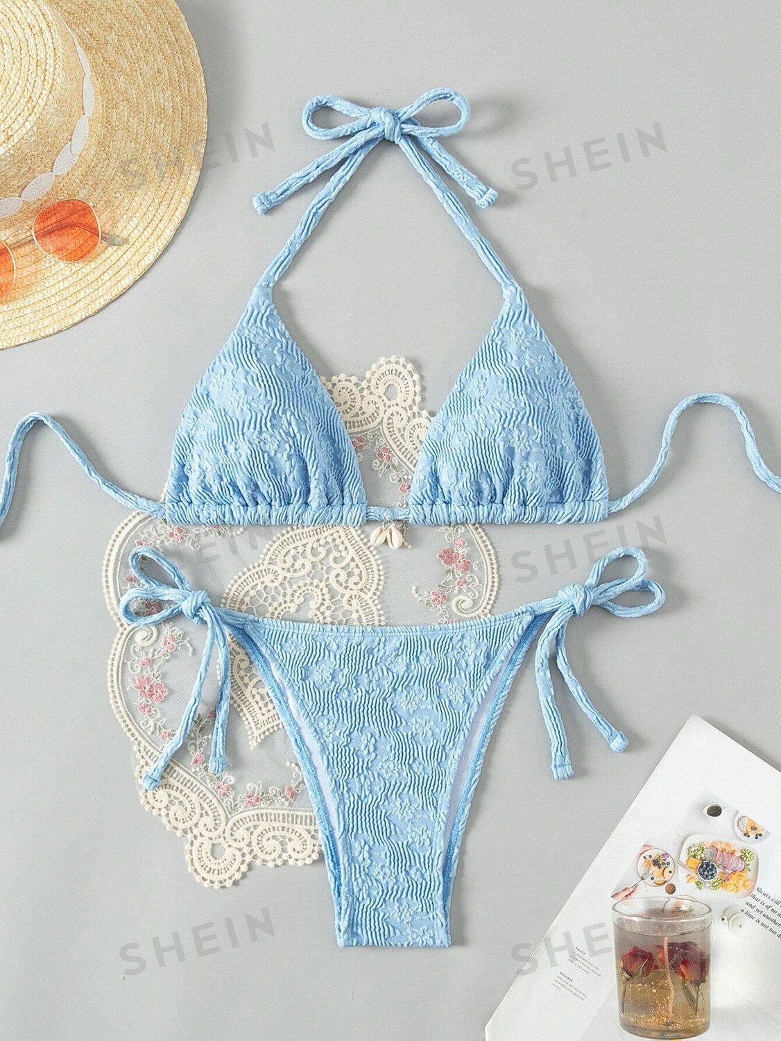 

Комплект бикини Shein Swim Vcay с цветочной текстурой, синий