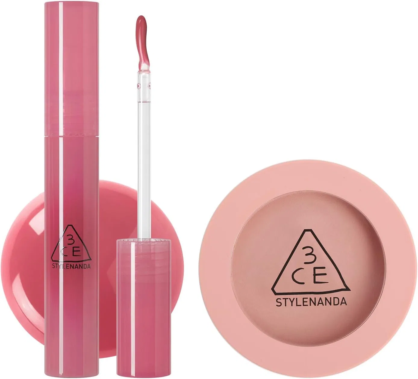 Набор для макияжа 3CE: блеск для губ Drop Glow Gel и кисть Face Brush Mono Pink