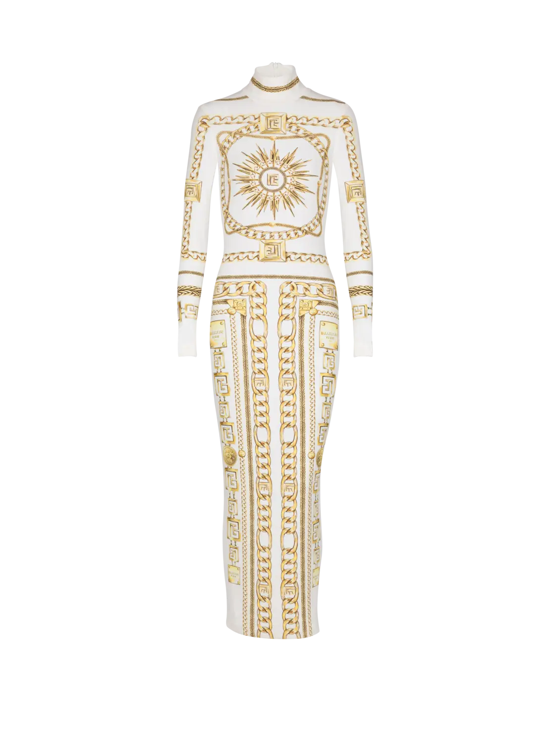 

Длинное облегающее платье с принтом и узором Balmain Foulard, золото