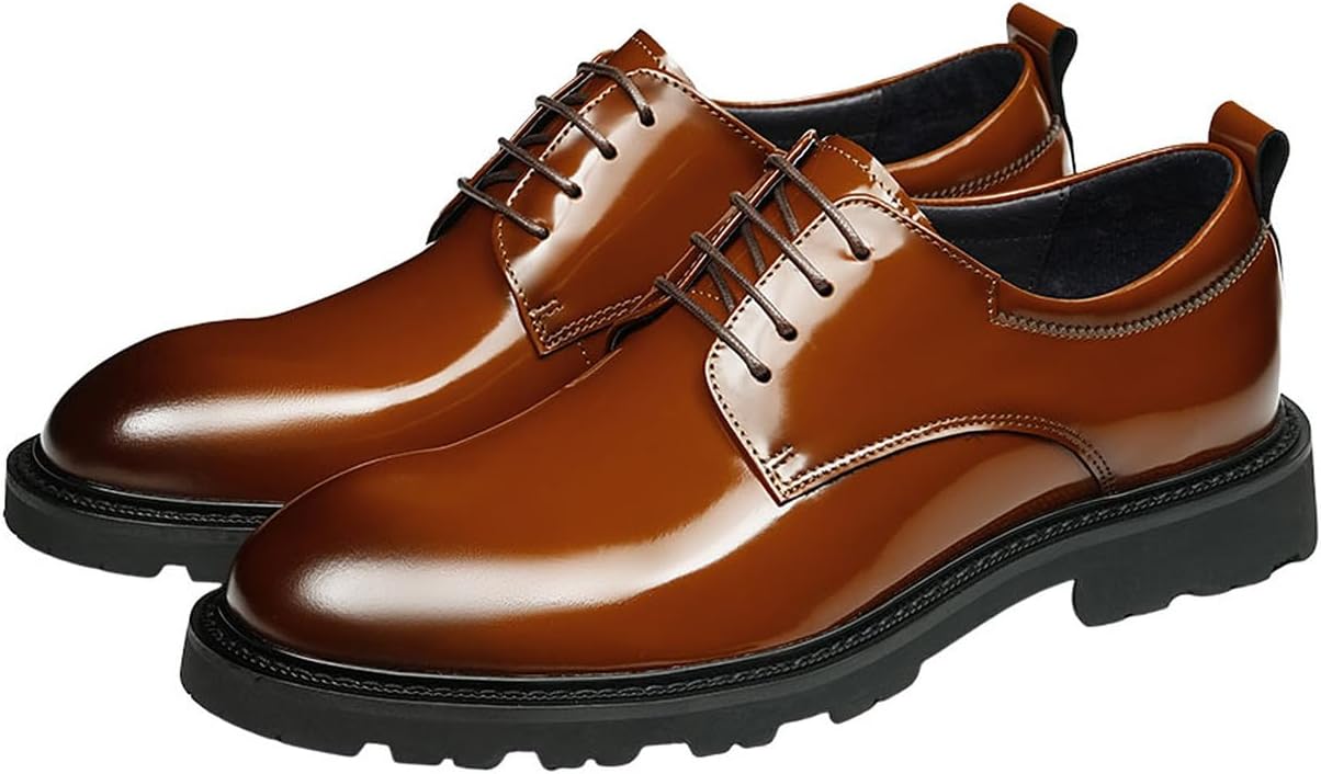 

Мужские туфли с простым носком Santimon Oxfords Формальные туфли ручной работы из глянцевой кожи Derby на шнуровке - удобная обувь для делового и повседневного стиля для свадьбы, вечеринки и офиса, коричневый