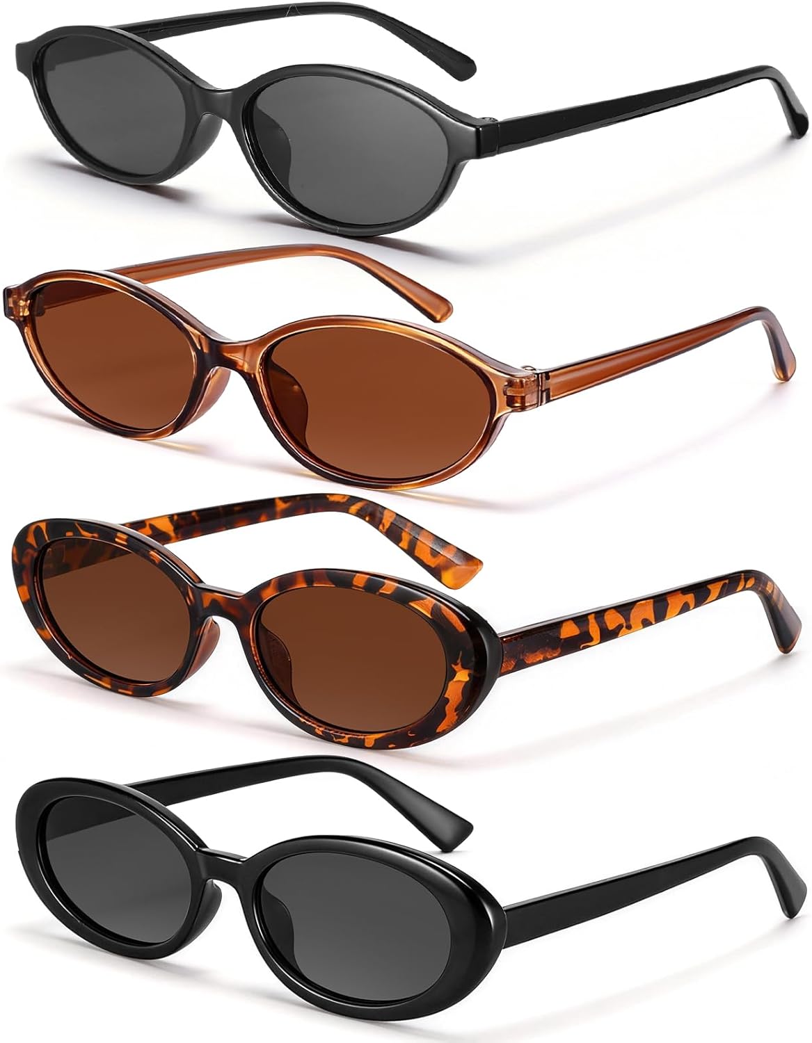 

Солнцезащитные очки JATEBI Retro Oval для женщин - комплект из 4 штук, в стиле "кошачий глаз" (Y2K), с защитой от ультрафиолета UV400, модные узкие очки в стиле 90-х, Black,brown,amber