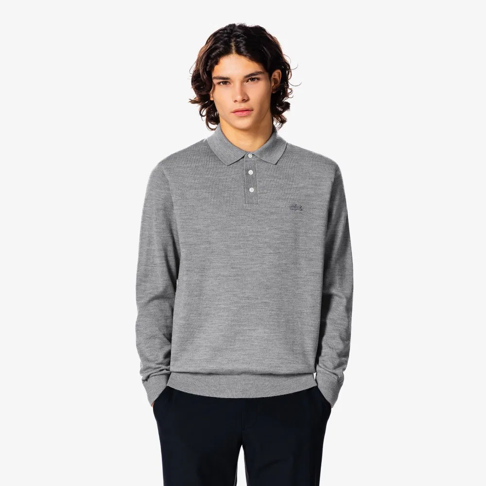 Мужской длинный свитер-поло из шерсти, меланжевый серый, от Lacoste