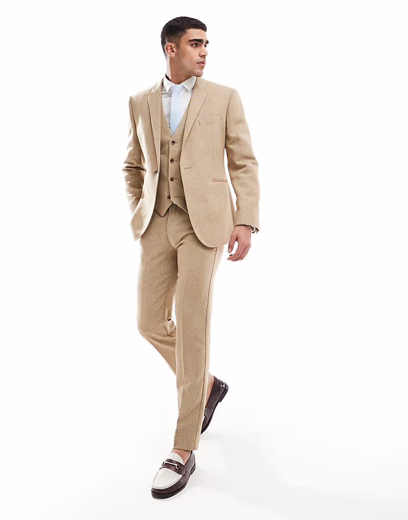 

Свадебный облегающий брючный костюм из смеси шерсти и шерсти бежевого цвета с фактурой плетения «рогожка» Asos Design