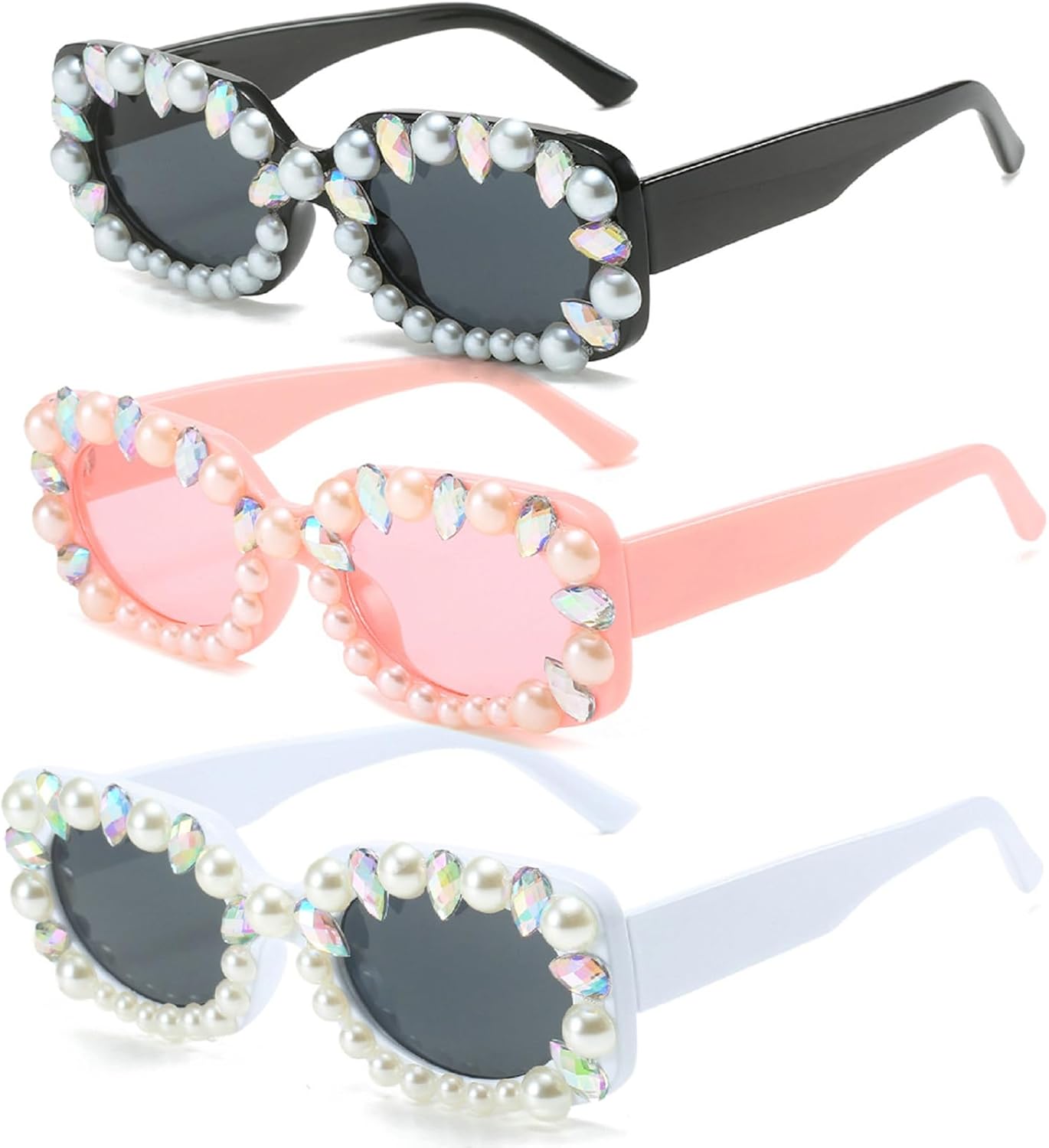 

Ретро-солнцезащитные очки с кристаллами и жемчугом для женщин, модные прямоугольные солнцезащитные очки со стразами, квадратные солнцезащитные очки с бриллиантами для вечеринки mincl, 3pcs-black&white&pink