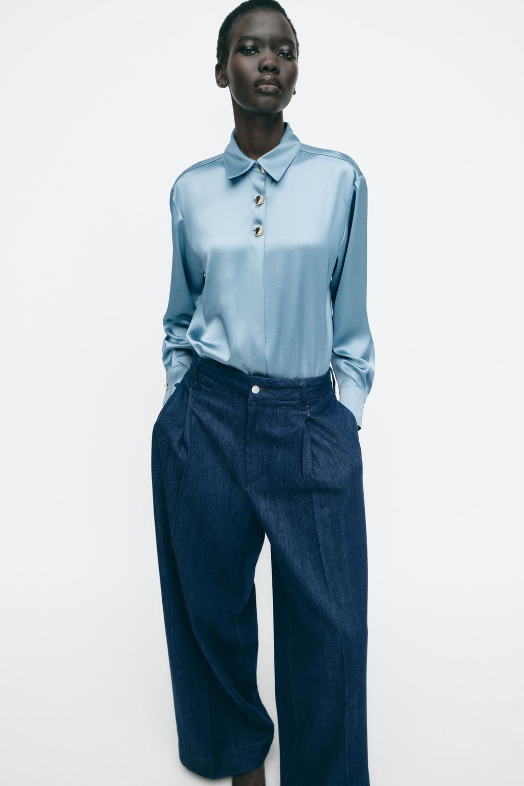 

Атласная рубашка с золотыми пуговицами ZARA, цвет Blue/Steel