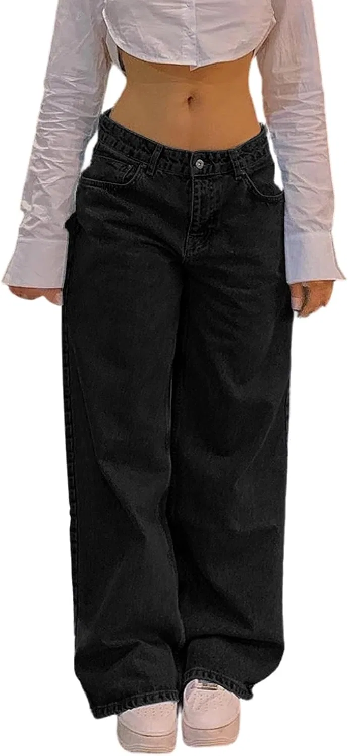 Джинсы широкие, Women's Wide Leg Denim Pants, черный