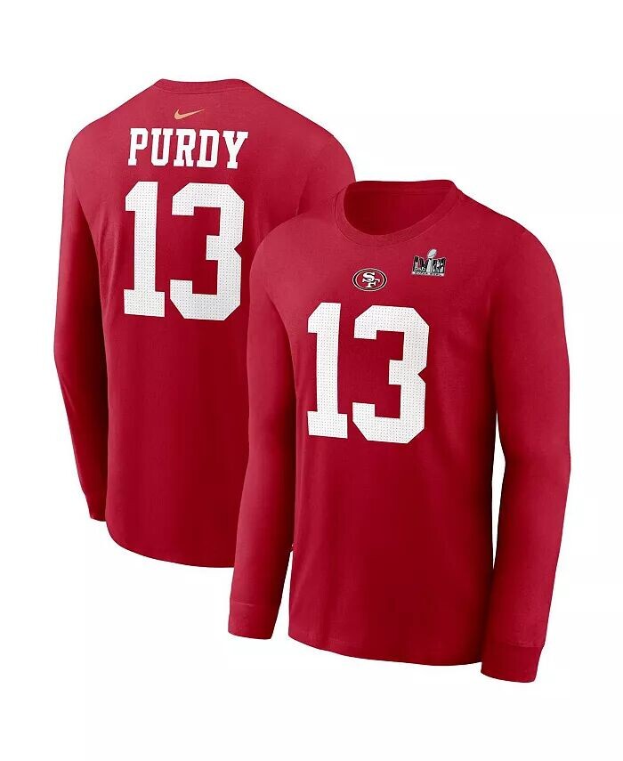 

Мужская футболка с длинным рукавом с нашивкой Brock Purdy Scarlet San Francisco 49ers Super Bowl LVIII, именем игрока и номером Nike