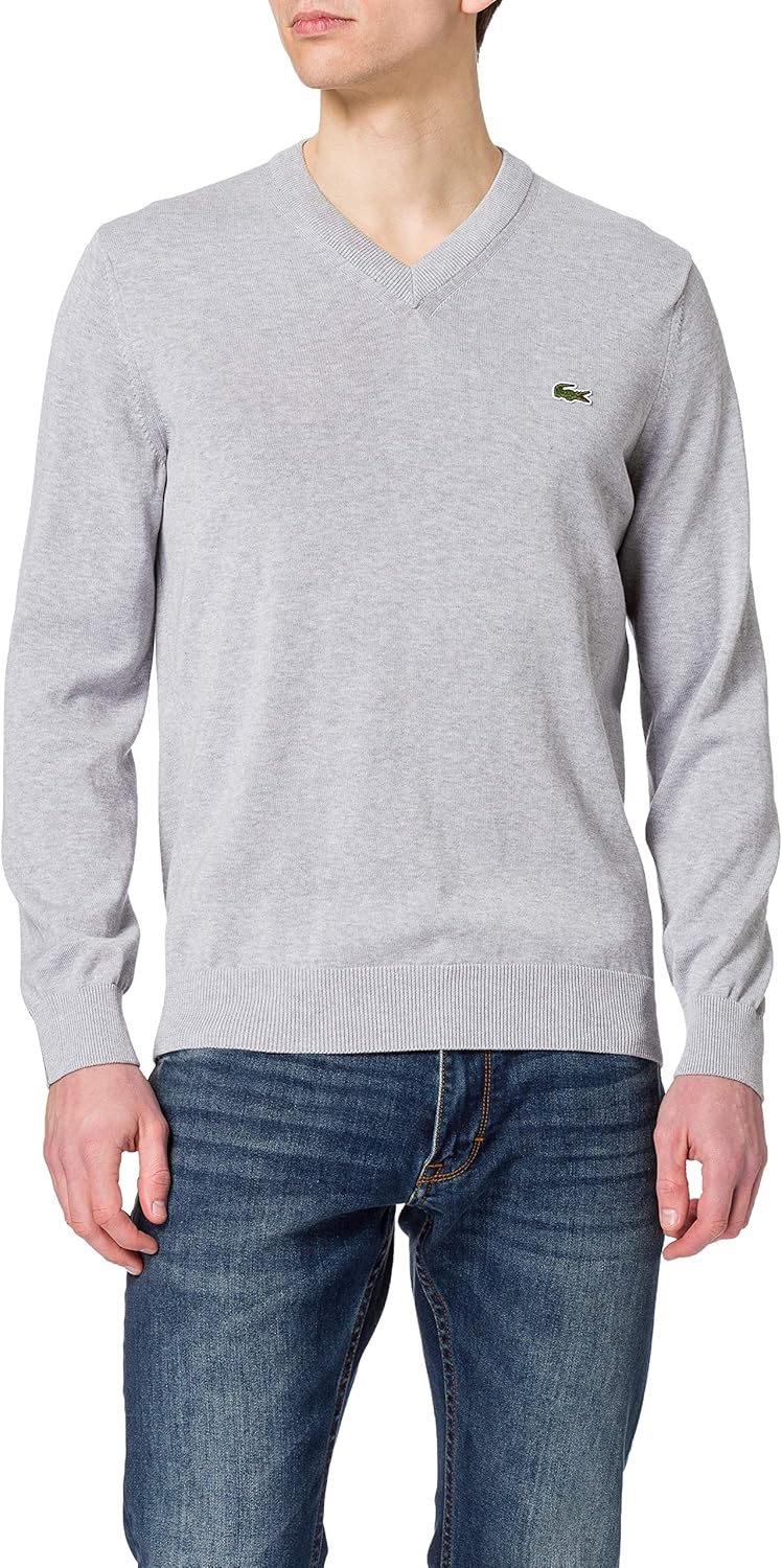 

Lacoste мужской свитер с длинным рукавом, прямой крой, V-образный вырез, из органического хлопка, Silver Chine