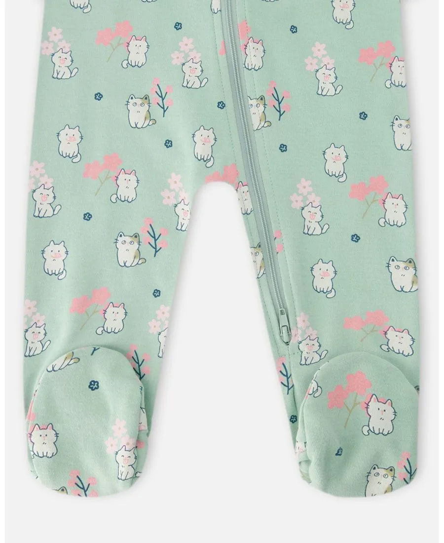 Детская хлопковая пижама-комбинезон для девочки Deux par Deux, зеленый kitten print — фото 3