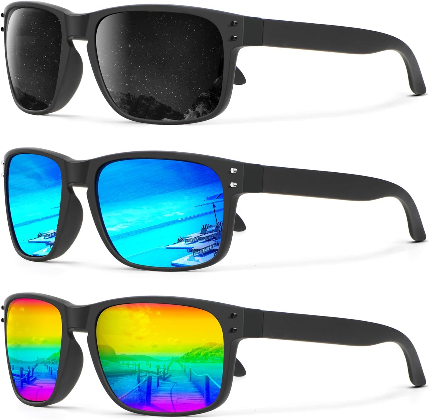 

Поляризованные солнцезащитные очки KALIYADI для мужчин и женщин в винтажном стиле, подходят для рыбалки, бега, вождения и защиты от УФ-излучения, (3 Pack) Black/Ice Blue/Rainbow