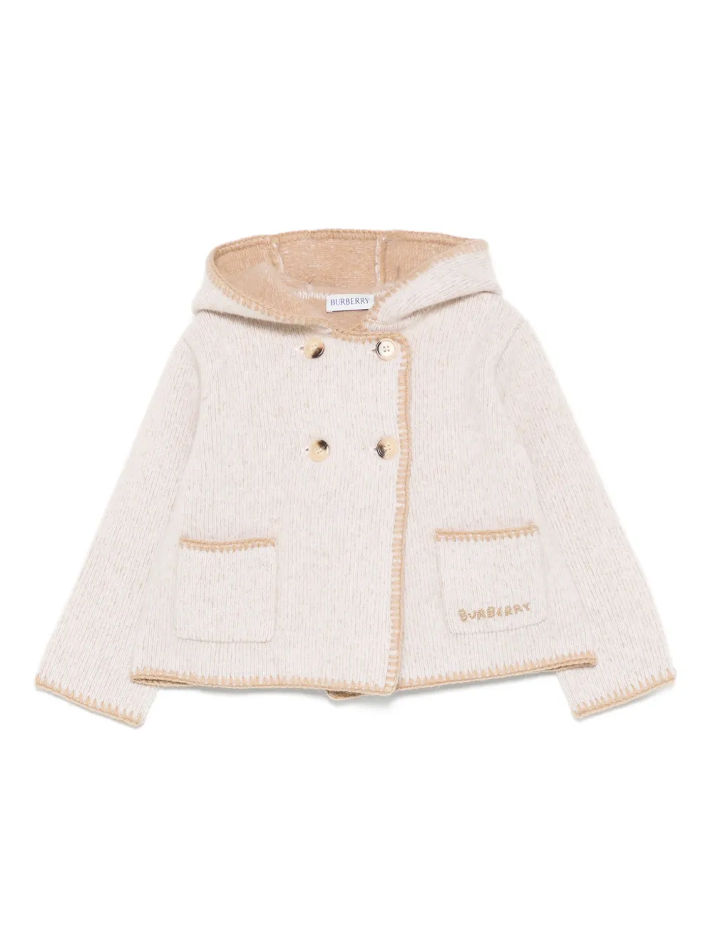 

Двубортное шерстяное пальто с капюшоном BURBERRY KIDS, нейтральный