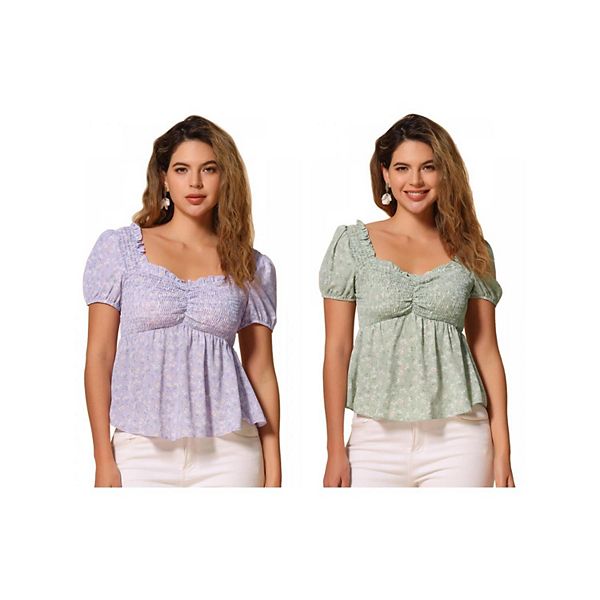 

2 упаковки пышной блузки с коротким рукавом и цветочным принтом для женщин, с декольте sweetheart, сборками и рюшами Inspire Chic, Lightgreen Lightpurple
