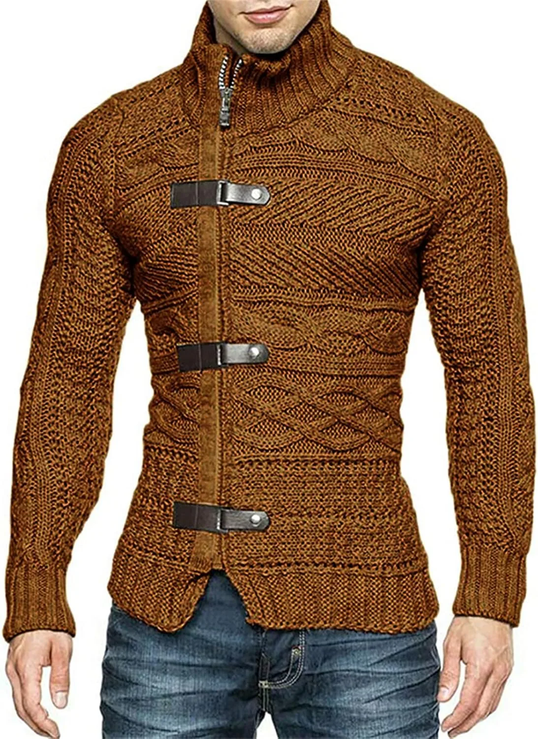 

Мужской свитер с кабельной вязкой и воротником-стойкой