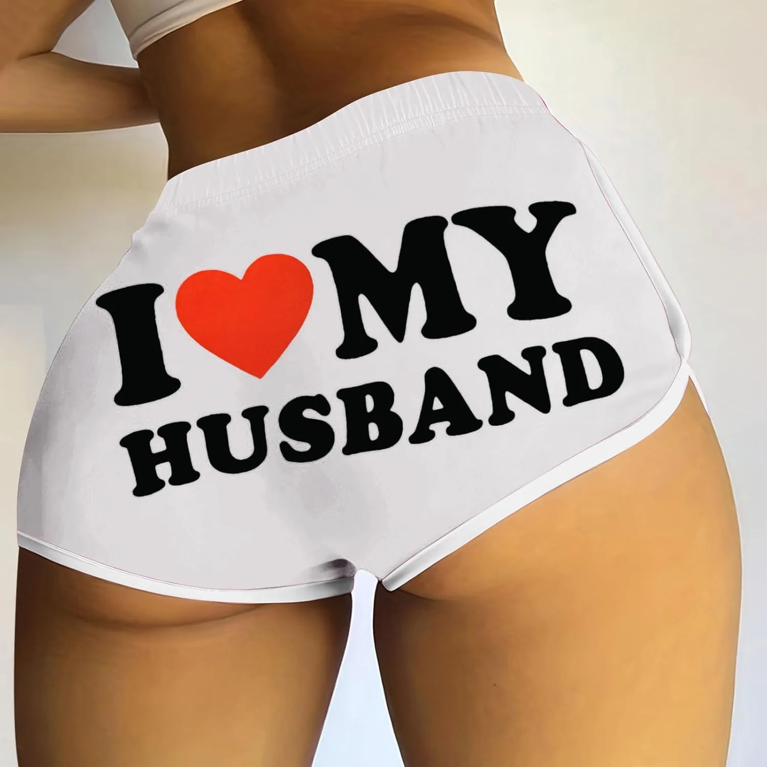 Женские шорты Funny Graphic I Love My Husband с дельфиньим подолом и эластичной талией — фото 2