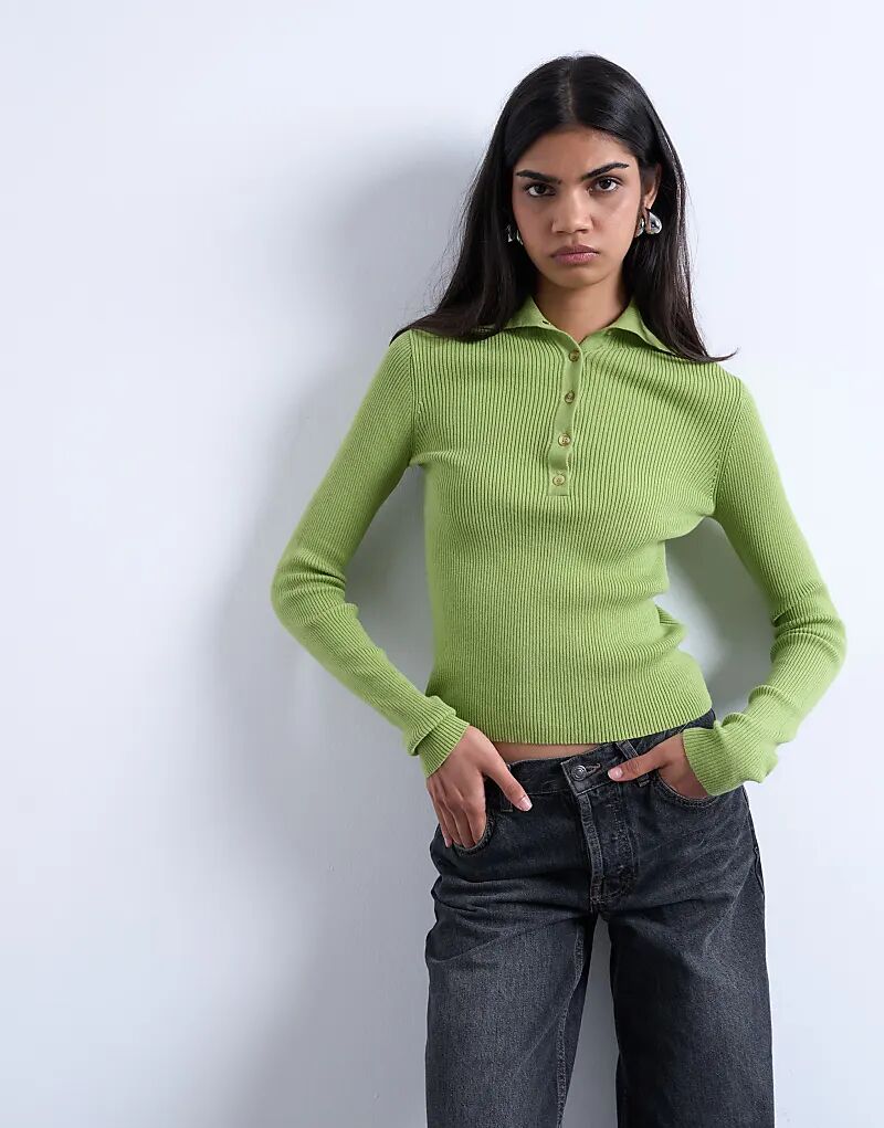 

Трикотажное поло Topshop с ребристым воротником зеленого цвета