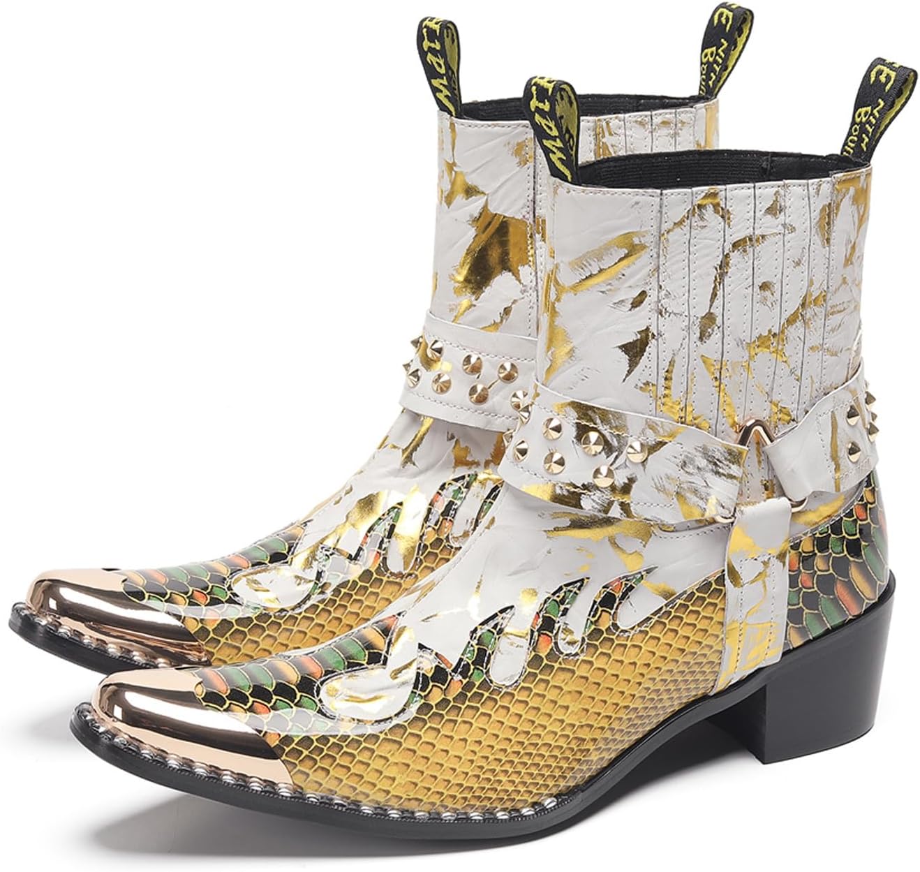 

Мужские кожаные западные ботинки Santimon с заклепками и металлическим квадратным носком - модные вечерние повседневные ботинки на кубинском каблуке для вечеринок и рок-звезд, золотой