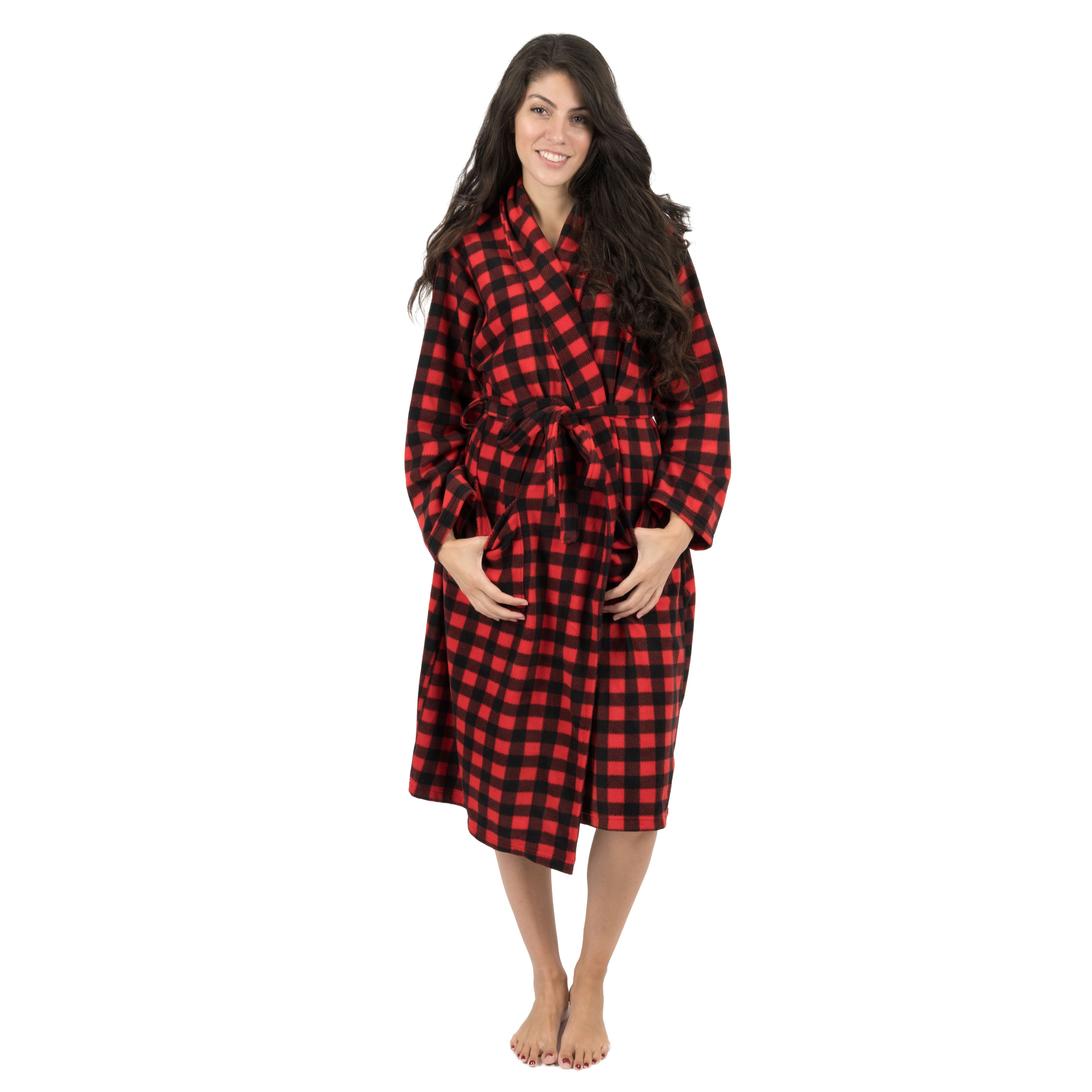 

Рождественский женский флисовый халат в клетку Leveret, цвет plaid black & red