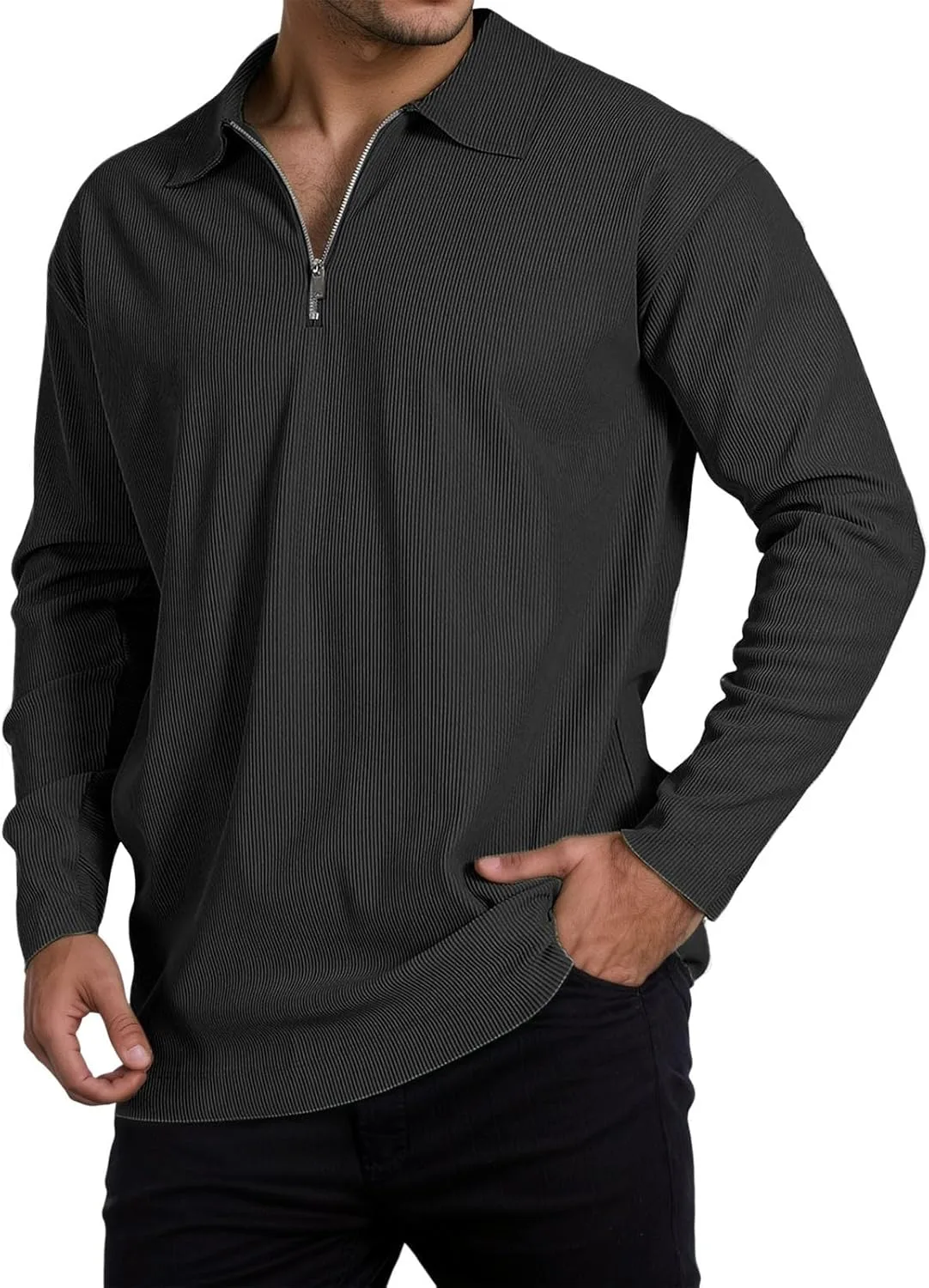 

Мужской поло-свитер с четвертью молнии, полосками, длинным рукавом, легкий