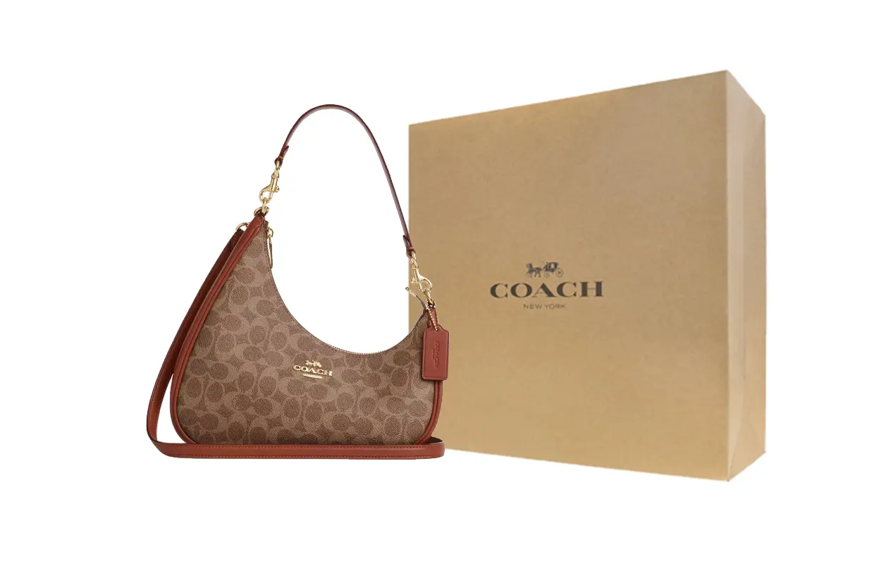 

COACH Терри холщовая с кожаной отделкой женская сумка через плечо Табас коричневая