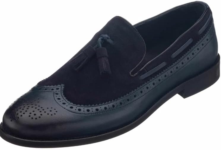 

Мужские лоферы DALGALA большого размера из сине-голубой кожи теленка анекватной выделки и замши с крыльями и кисточками