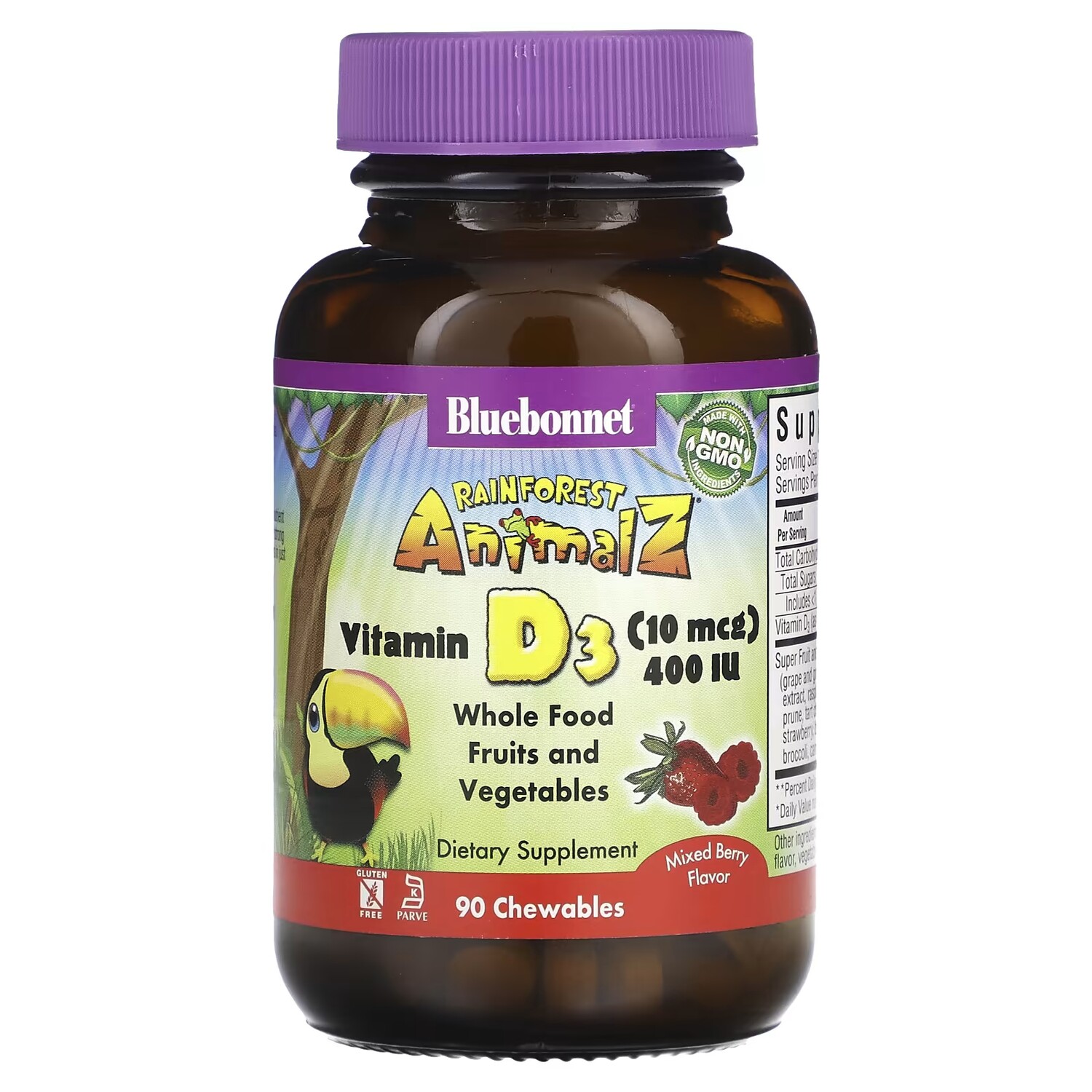 

Витамин D3 Bluebonnet Nutrition Rainforest Animalz ягодная смесь 400 МЕ, 90 жевательных таблеток