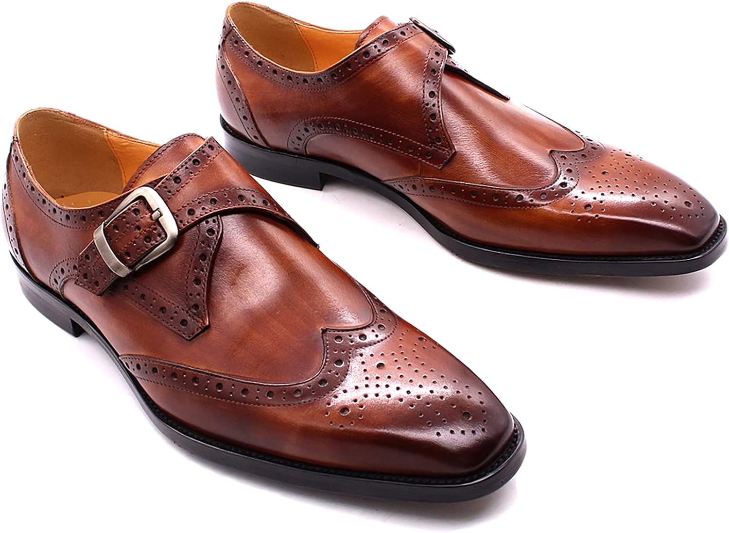 

Мужские туфли двойной монах, элегантные офисные туфли с ремешком монах, кожаные дерби с пряжкой, броги с крыльями, коричневые-47 Generic