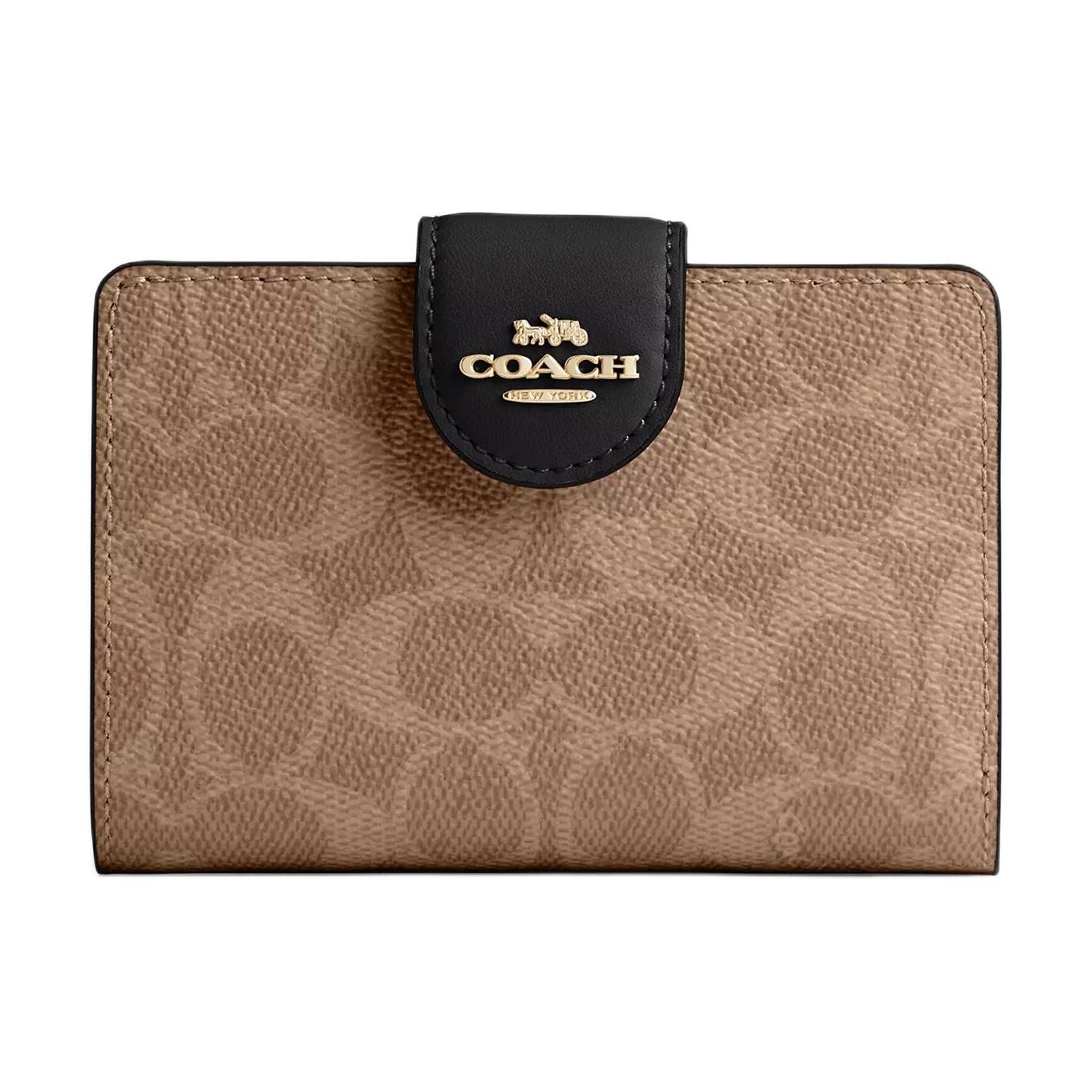 

COACH Кожаный кошелек среднего размера женский бежевый и черный, Tan & Black