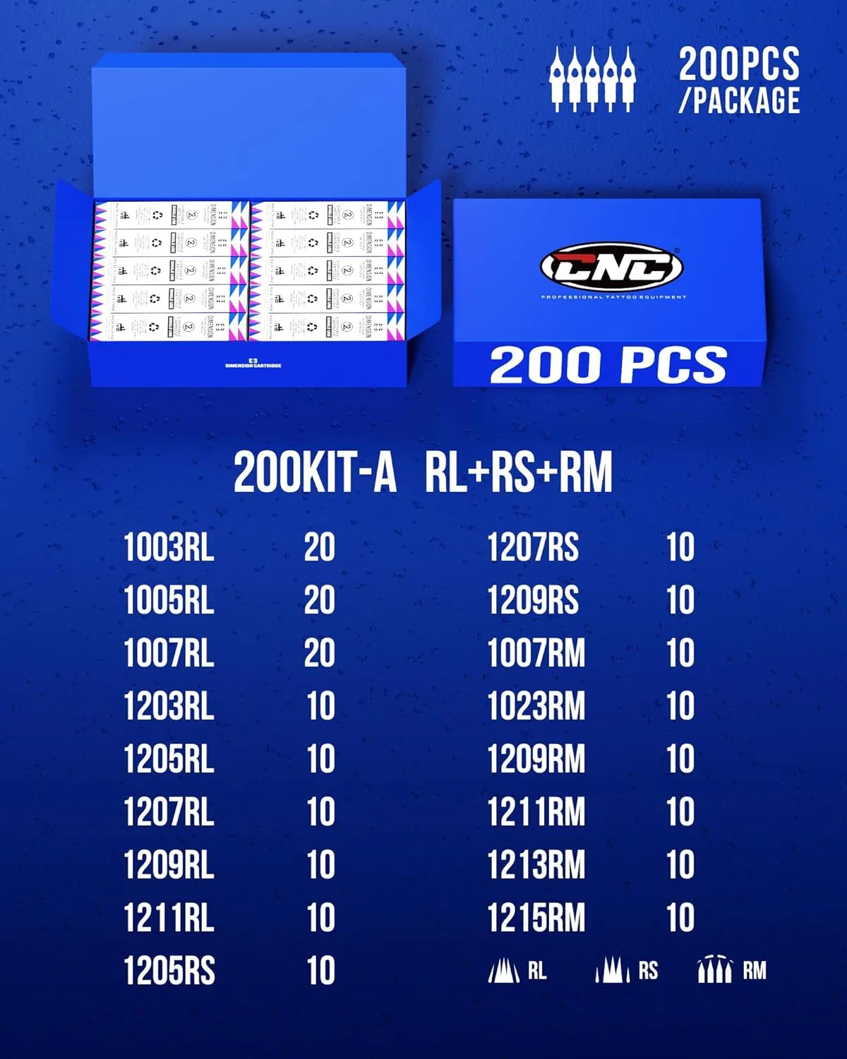 Набор игл для татуировки CNC, 200 штук, смешанные картриджи RL RS RM Cnc — фото 2