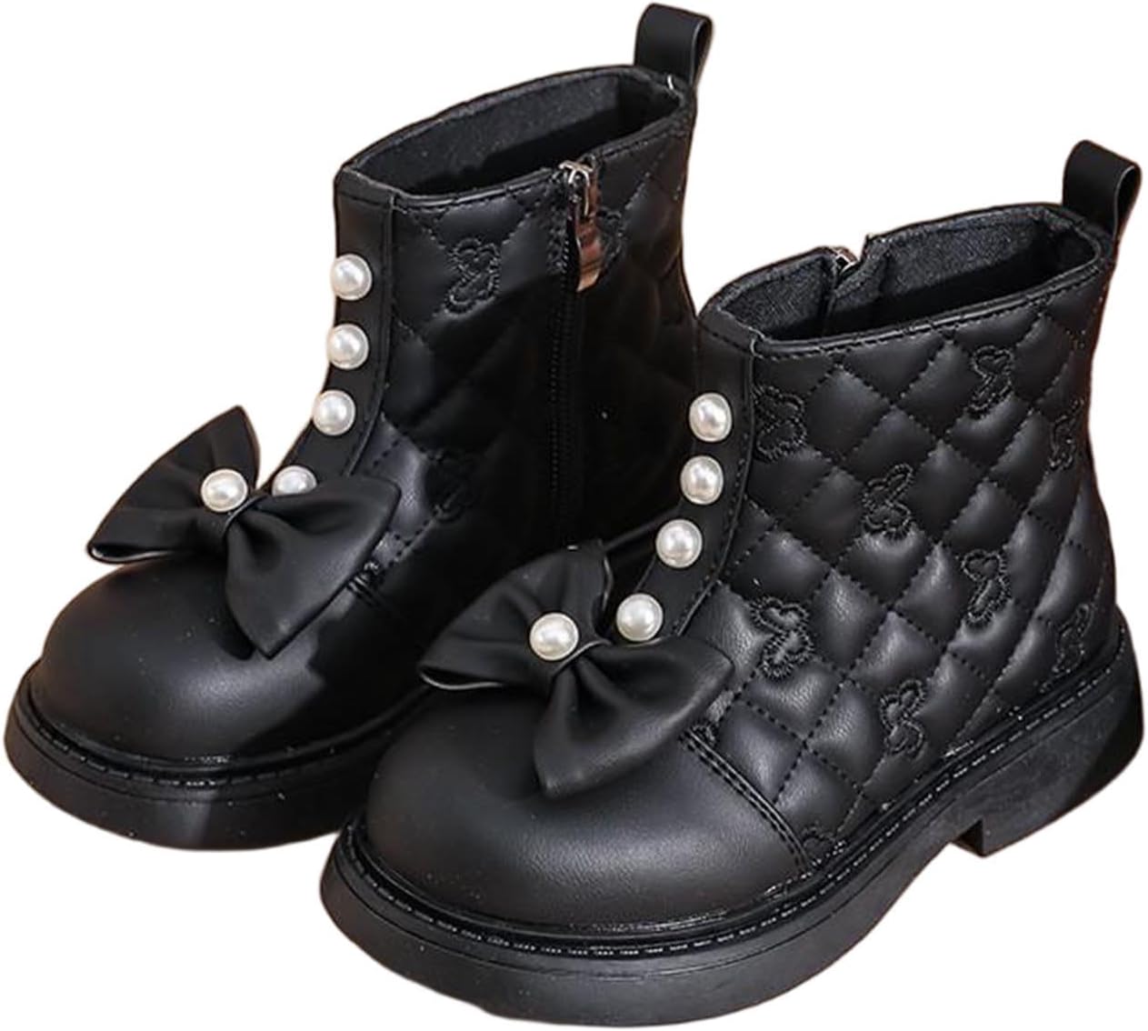 

Девочковые ботинки с утолщенной подошвой и боковой молнией, украшенные бантом и жемчужинами, милые школьные туфли на танкетке, платформе и с массивной подошвой для походов Generic, Black
