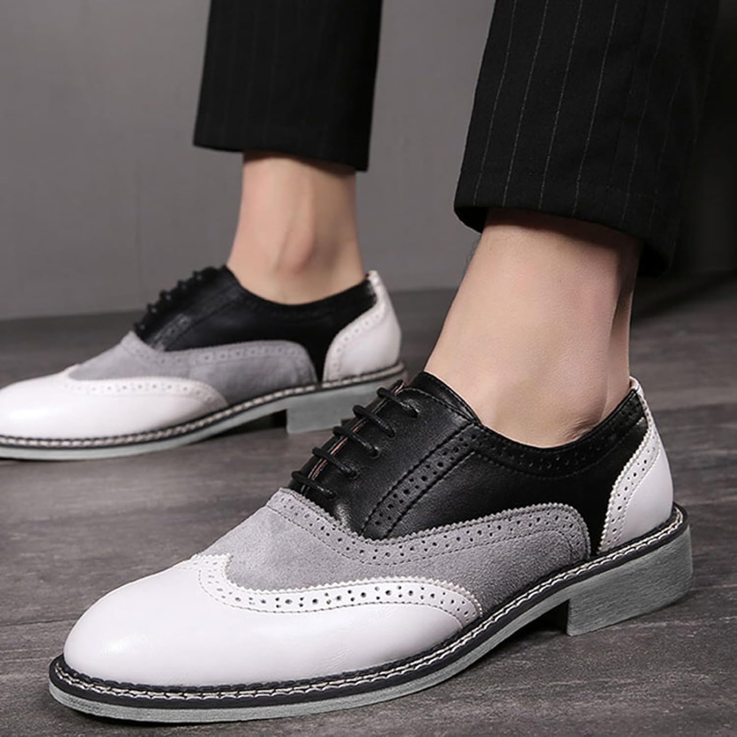 Мужские оксфорды GLBDU Wingtip с двухцветной вставкой и перфорацией: модные классические кожаные туфли с круглым носком и шнуровкой, низкий верх, черный — фото 4