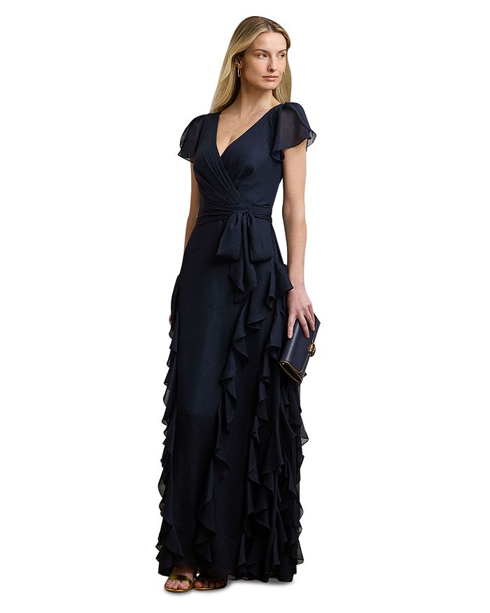 

Платье из металлизированного шифона с рюшами Ralph Lauren, синий