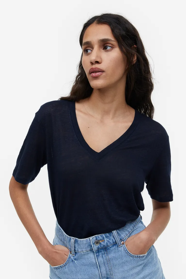 

Футболка из льняного трикотажа с треугольным вырезом H&M, синий