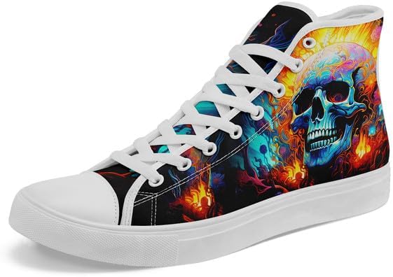 

Высокие кеды AWSOLE с черепом из холщовой ткани для мужчин и женщин, шнуровка, модная унисекс, с рисунком пламени, повседневные плоские туфли, черные и белые