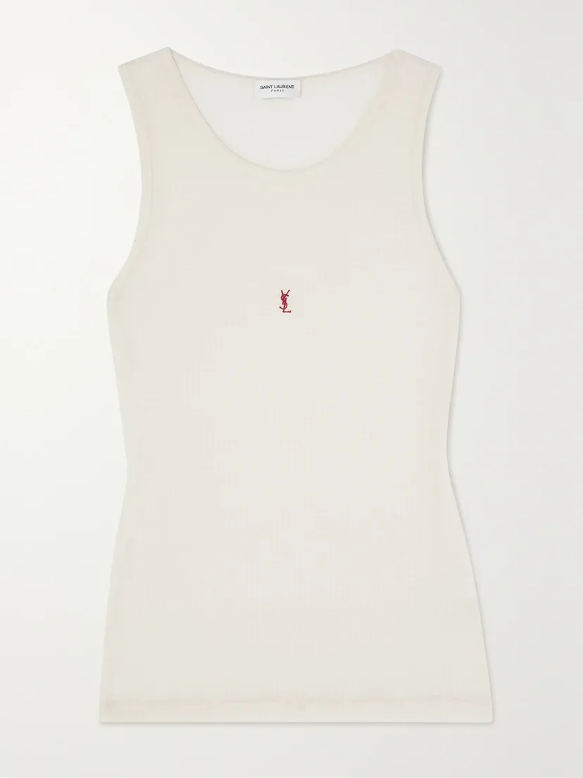 SAINT LAURENT Рифленая шерстяная майка с вышивкой Cassandre