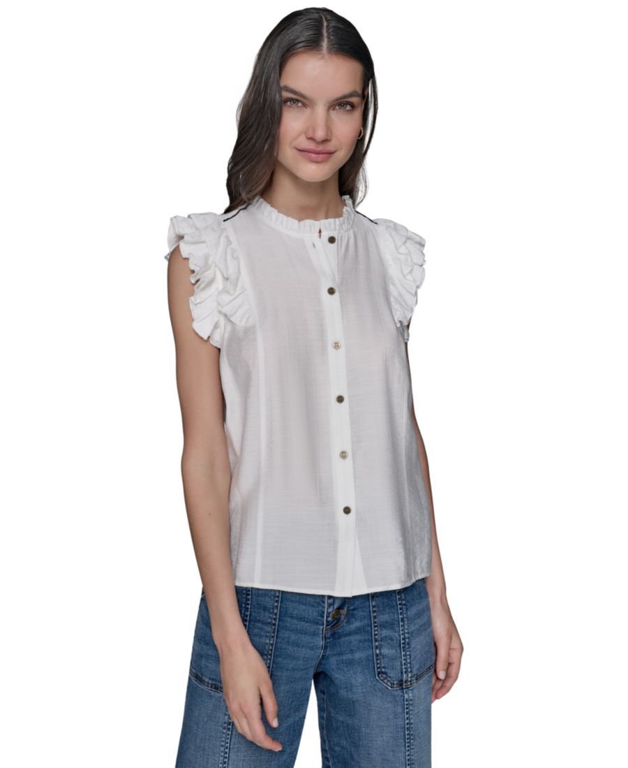 

Женская блузка с оборками на рукавах и пуговицами спереди KARL LAGERFELD PARIS, Soft White