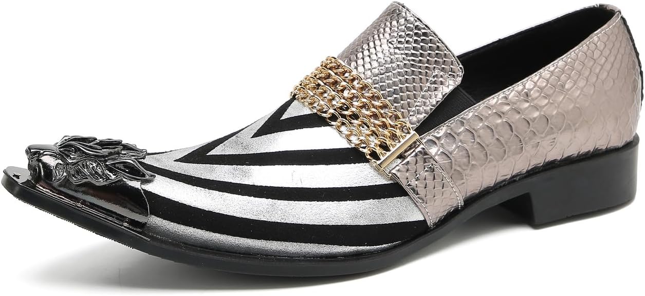 

Мужские лоферы Santimon, слипоны на вечеринку, деловые и повседневные, из кожи с текстурой полоски, металлическим носком, модные лоферы с цепочкой для мужчин, серебро