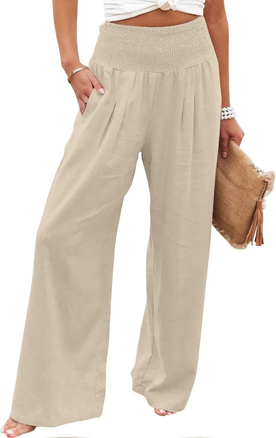 Женские широкие брюки с завышенной талией Cotton Linen, цвет A04_khaki