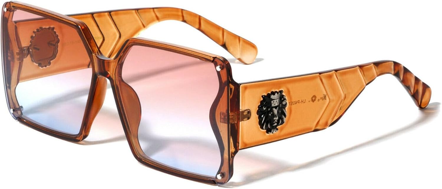 

Женские солнцезащитные очки Dweebzilla Kleo XL увеличенного размера с квадратной оправой в форме головы льва и рифленой текстурированной поверхностью, Transparent Orange Frame - Pink Blue Gradient Lenses