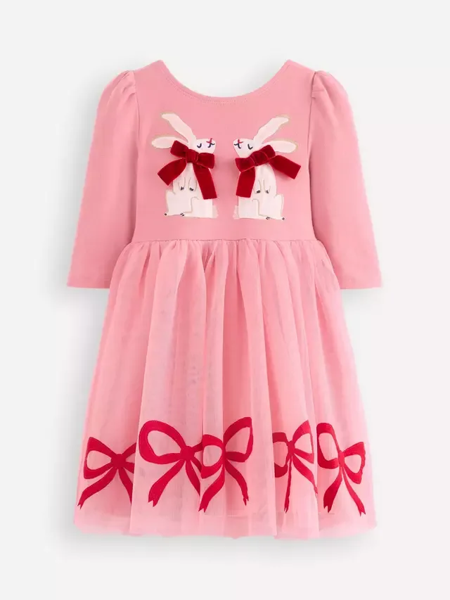 Детское платье из тюля с аппликацией, розовые зайчики Mini Boden