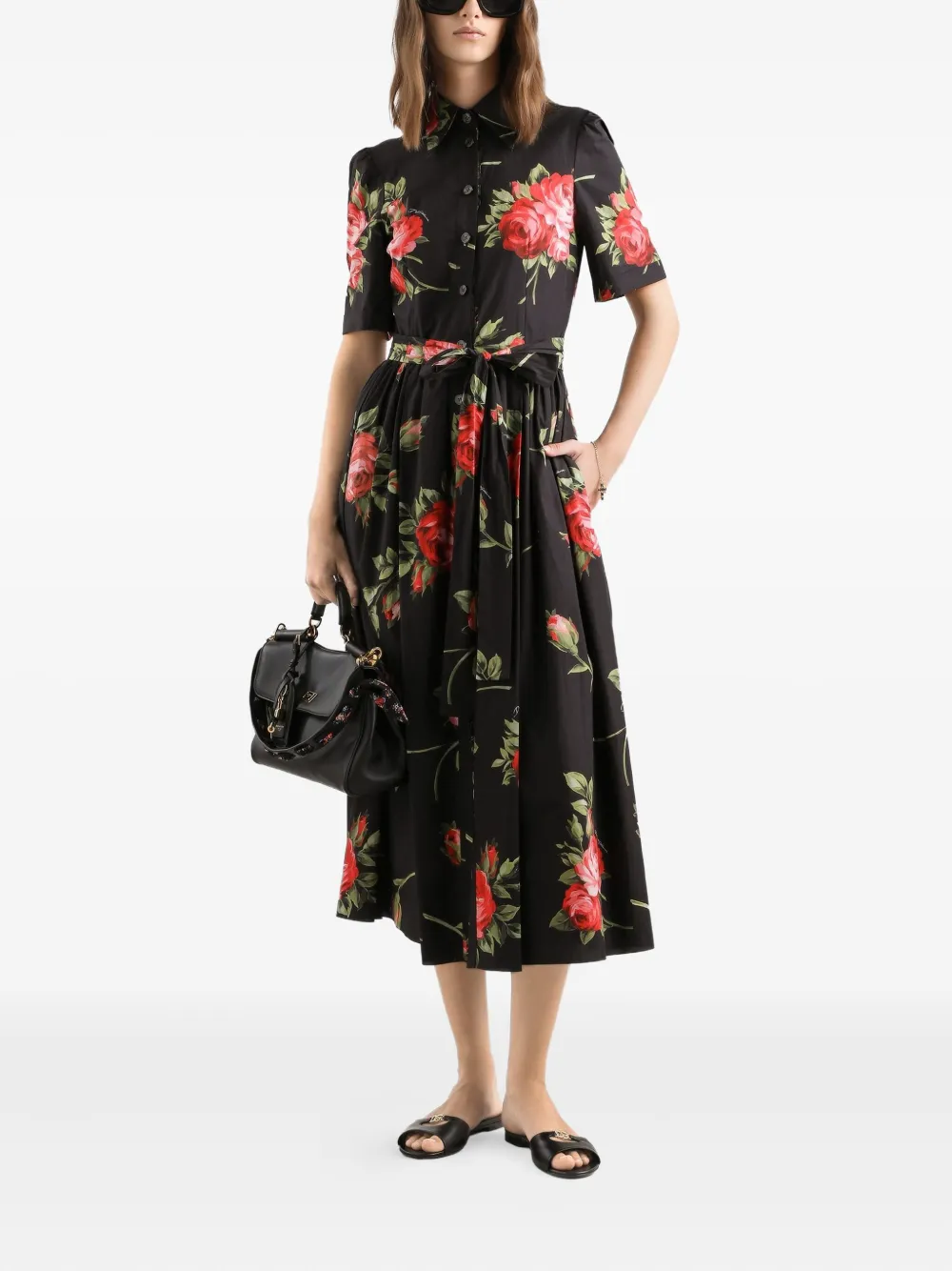 Платье миди с поясом и цветочным принтом Dolce & Gabbana, черный — фото 2