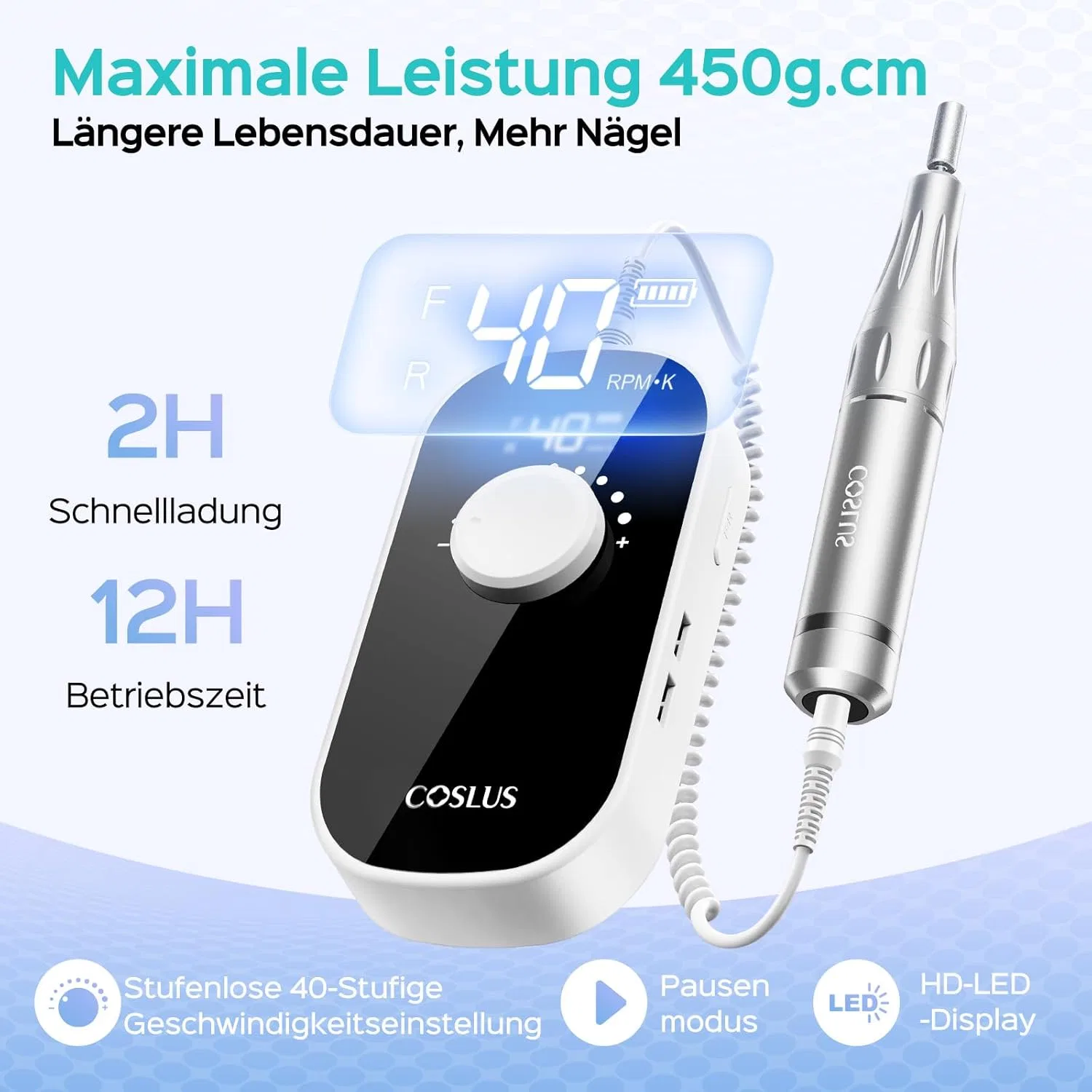 Электрический аппарат для маникюра COSLUS E51, 40000 об/мин, 6-в-1 Coslus, White — фото 4