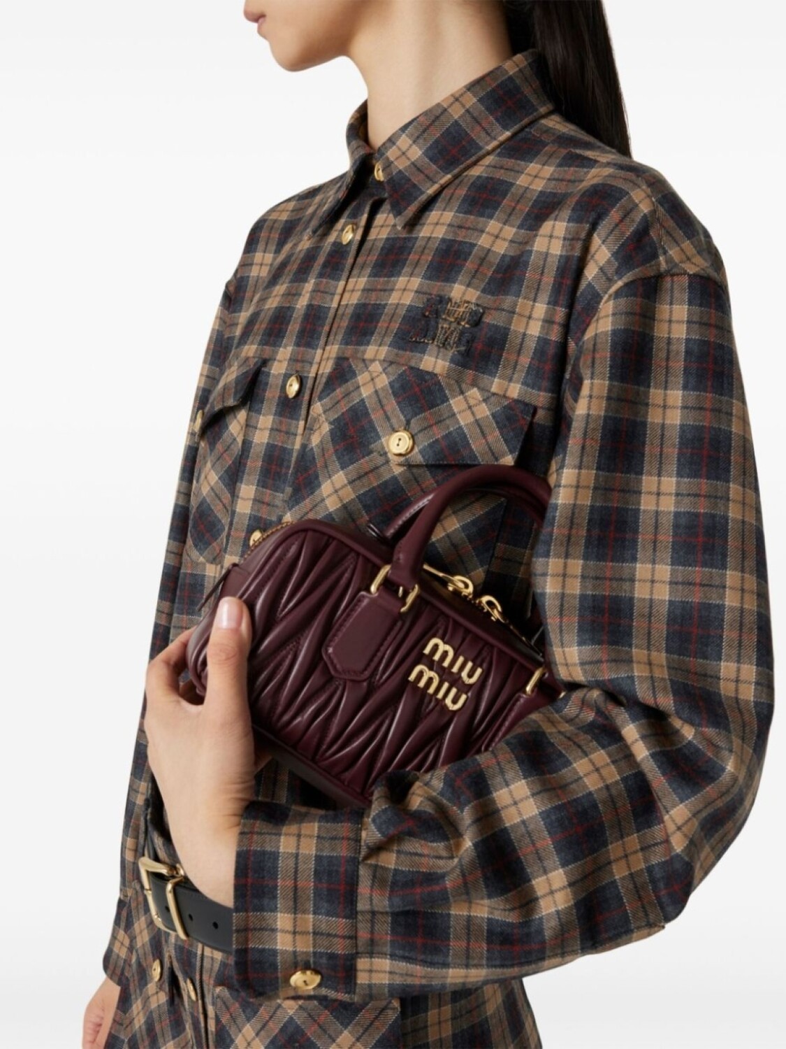 Шерстяная рубашка в клетку тартан Miu Miu, коричневый — фото 4