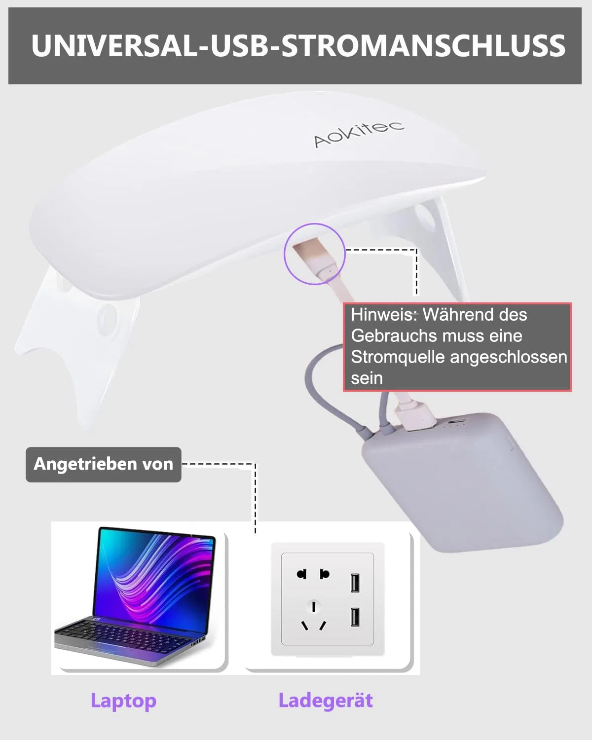 Мини УФ LED лампа Aokitec для гель-лака (белая) Aokitec, 01-White — фото 2