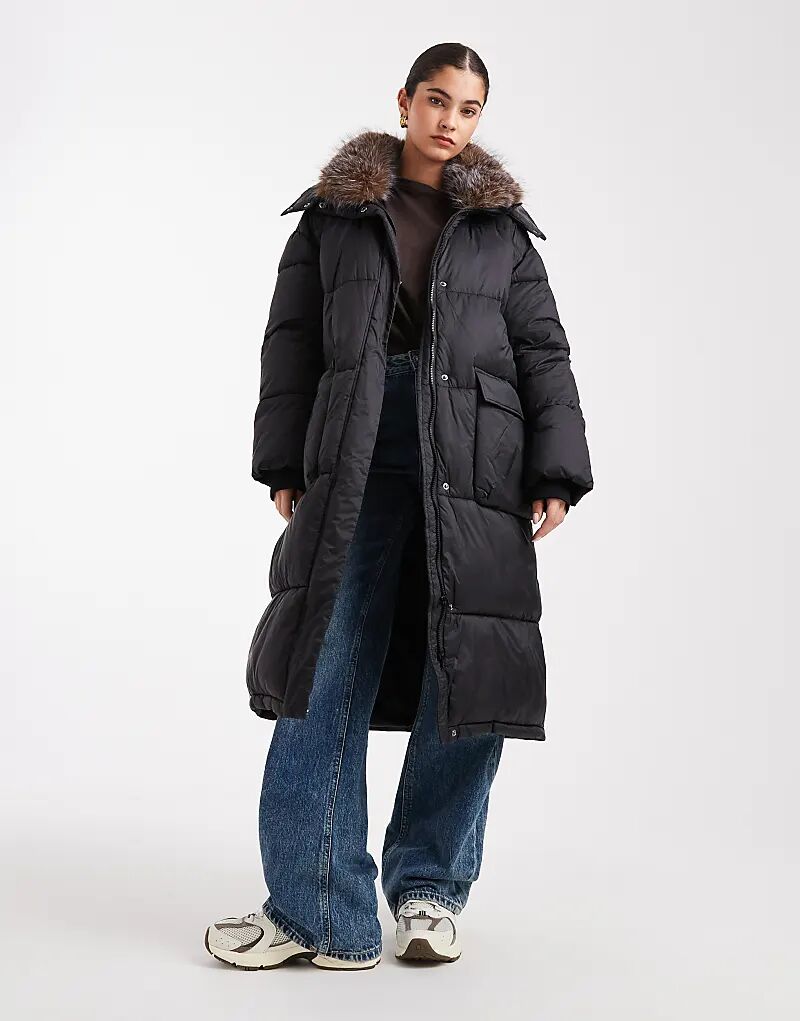 

Длинное утепленное пальто South Beach с капюшоном, отороченным искусственным мехом, черного цвета