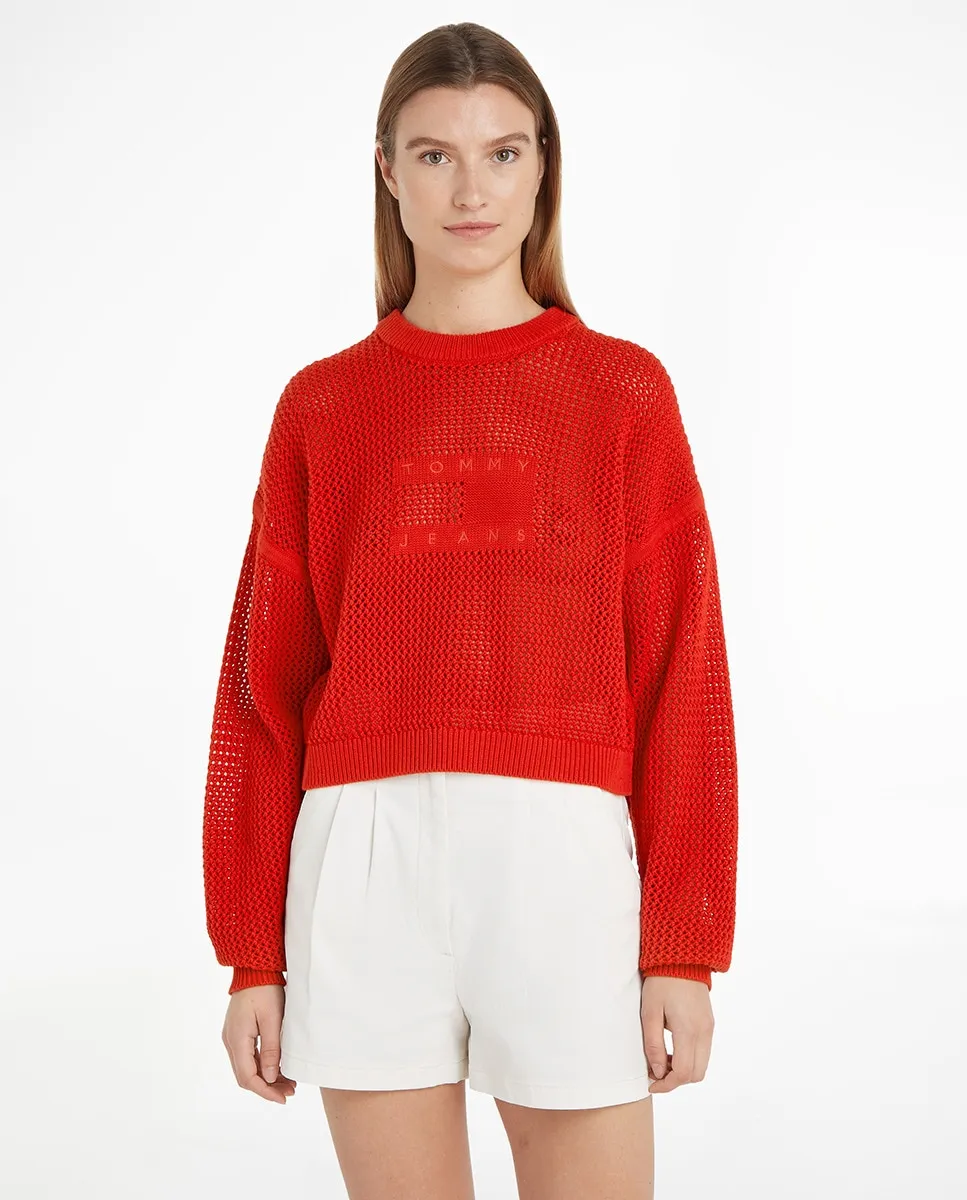 

Женский джемпер с ажурной вязкой и круглым вырезом Tommy Jeans, красный