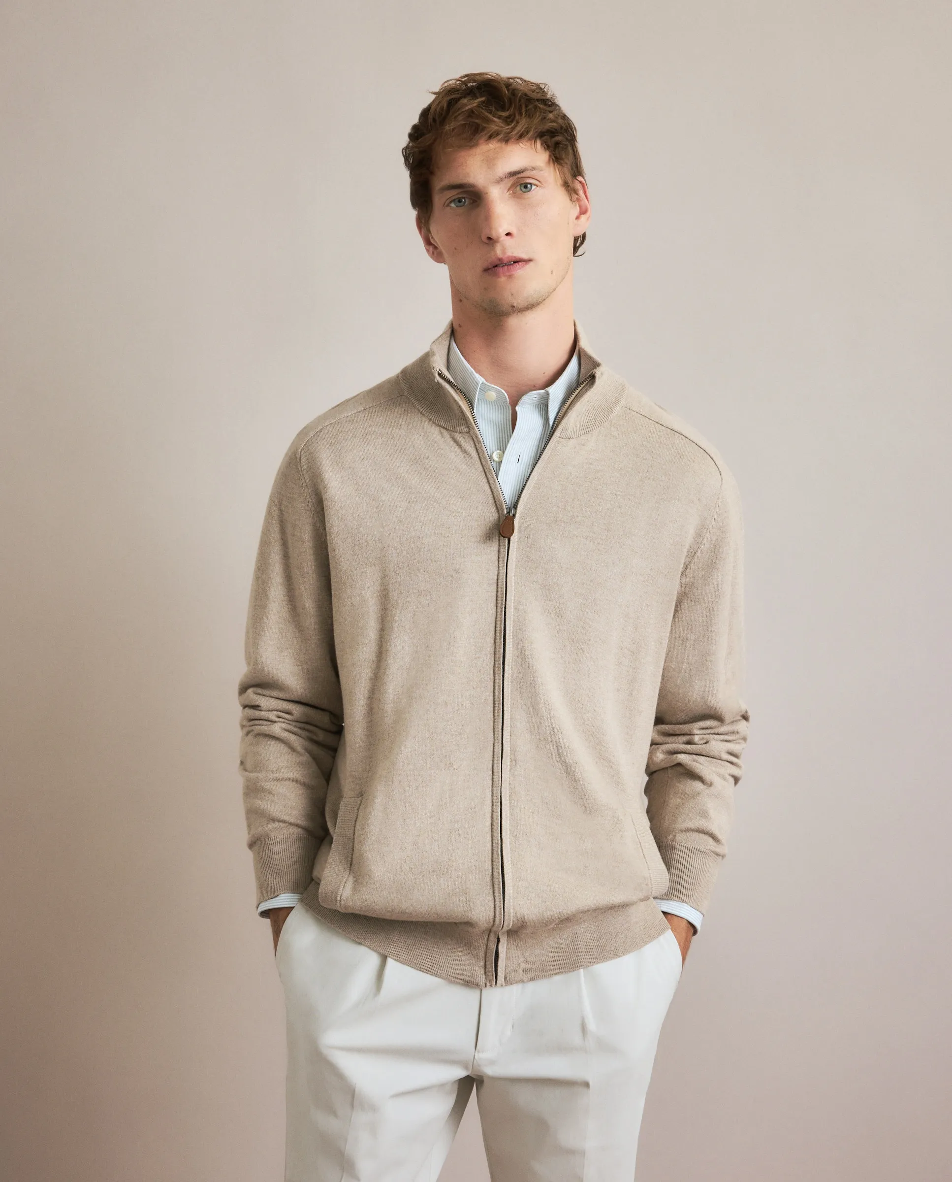 

Мужской кардиган с полуворотником на молнии гладкий из мериносовой шерсти Emidio Tucci, бежевый