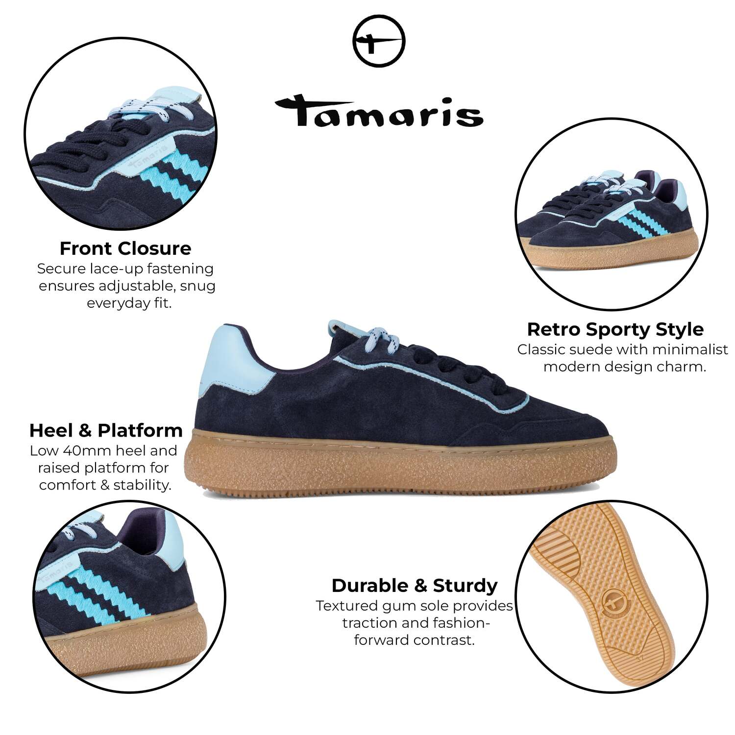 Tamaris Женские синие кожаные модные кроссовки на шнуровке TMRS — фото 3