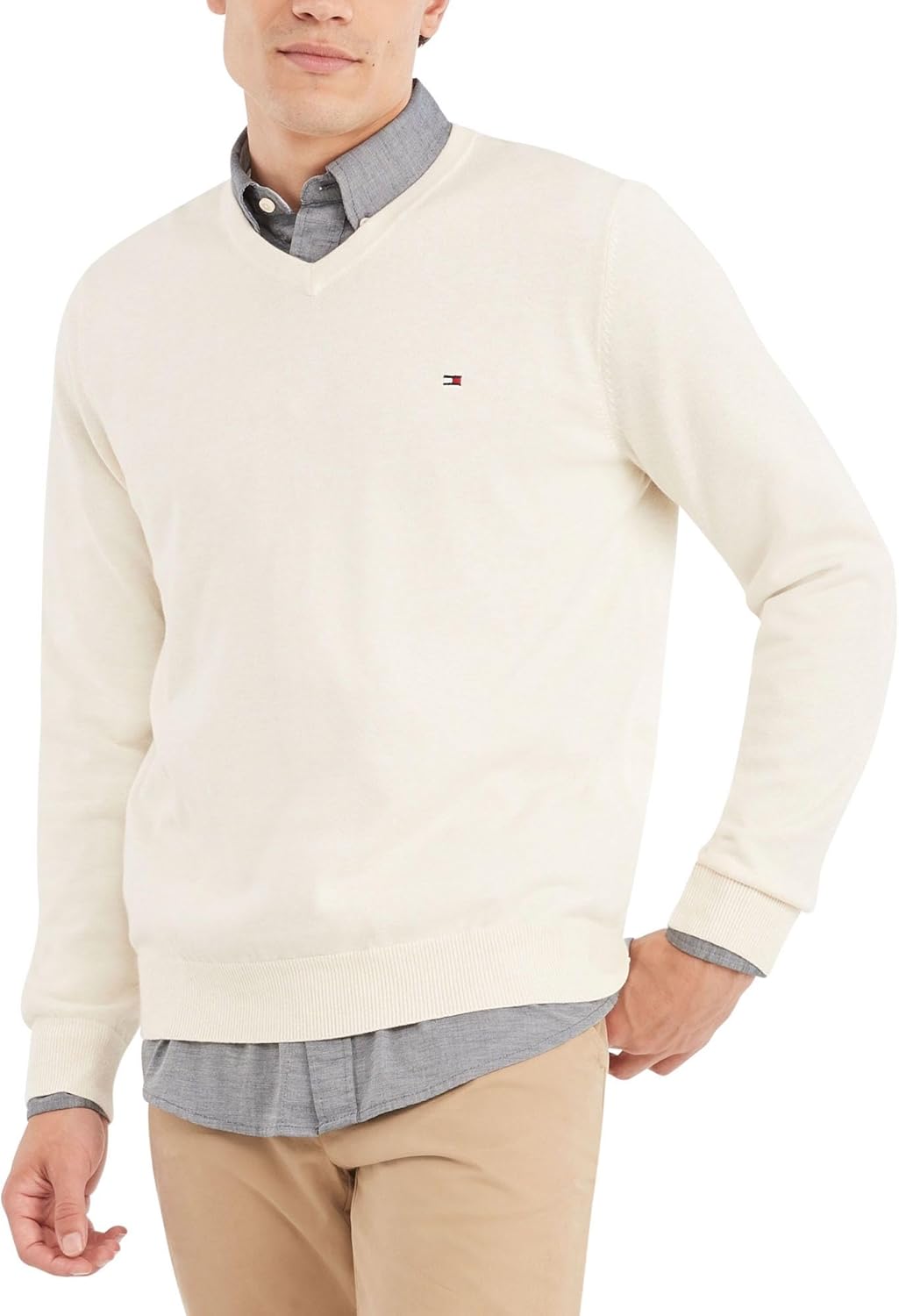 

Мужской свитер Tommy Hilfiger Essential из хлопка с длинным рукавом и V-образным вырезом, Beige Heather