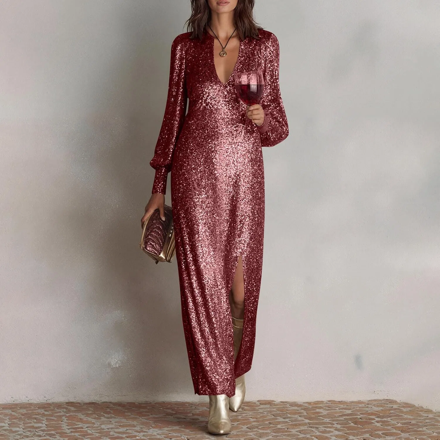 Платье макси с пайетками Women's Sequins V Neck Maxi Dress, Wine — фото 2